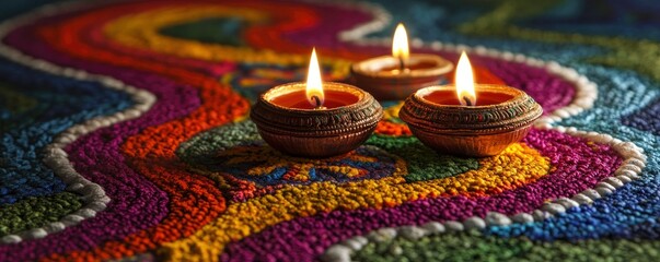Oil lamps lit on colorful rangoli during diwali celebration, festive atmosphere