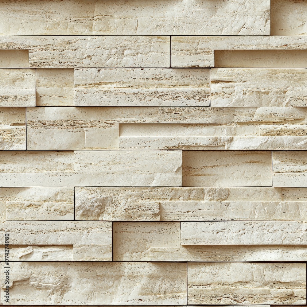 Aufkleber This image features layered beige stone tiles arranged to create a textured wall. The variety in tile sizes and textures adds a dynamic and visually interesting element to the design.
