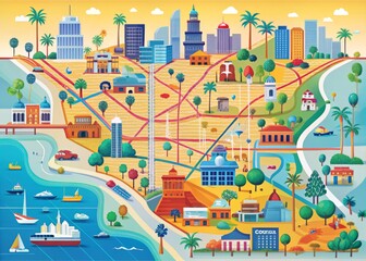 Vibrant colorful illustration of the Los Angeles metropolitan area map highlighting surrounding cities and
