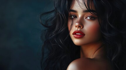 Fototapeta premium Beautiful woman with dark, wavy hair, exuding elegance and style, ideal for beauty, fashion, and cosmetic advertising