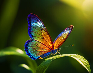 Fototapeta premium Vibrant Rainbow Butterfly with Translucent Wings Resting on Leaf, Stunning Macro Photography of Colorful Butterfly in Nature, High-Resolution Insect Image Perfect, Nature and Wildlife Photography