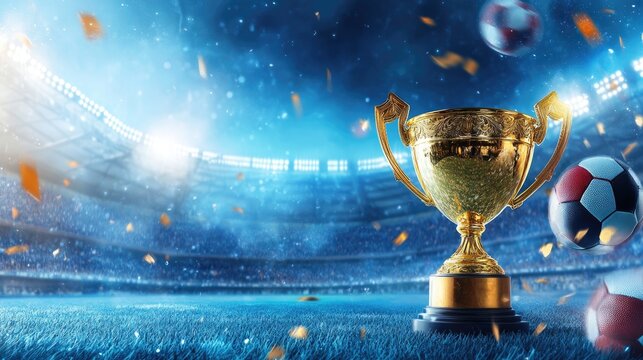 Blue sports invitation banner featuring stadium imagery, a golden trophy, and sports symbols,