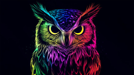 owl with color light on dark background