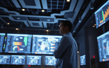 Fototapeta premium Young male programmer or administrator in a data center at his workplace in front of large monitors analyzes data. Develops programs and applications.