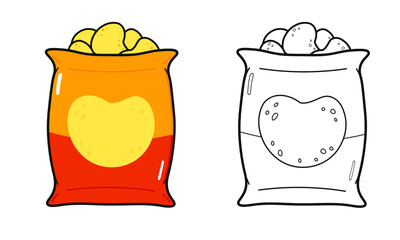 Funny cute happy Chips characters bundle set. Vector hand drawn cartoon kawaii character illustration icon. Cute Chips. Outline cartoon illustration for coloring book