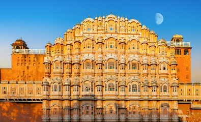 Moon over Hawa Mahal - Palace of Winds, Jaipur, Rajasthan, India