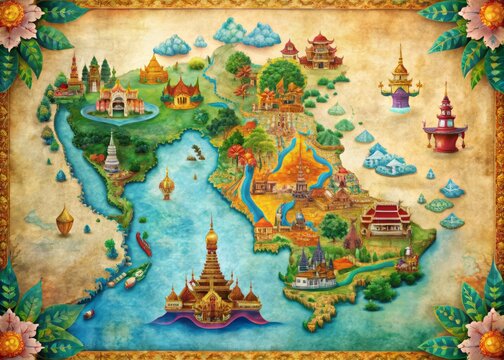 Vibrant colorful Thailand map with intricate borders and flourishes, featuring iconic landmarks, cities, and islands,