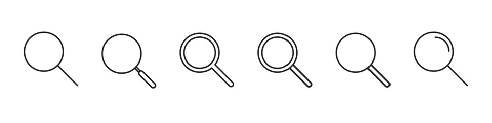Search icon. Magnifying glass vector set. Zoom in out sign. Line design