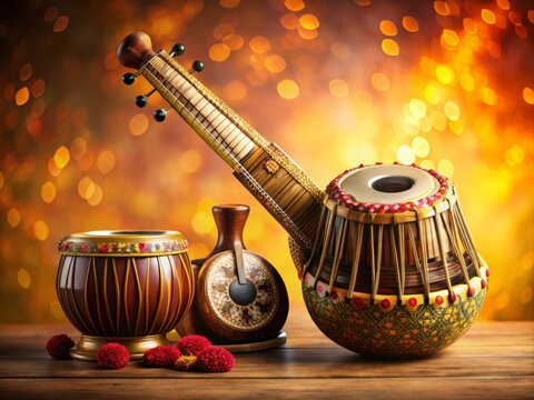 Vibrant colors and intricate patterns adorn the traditional Indian instruments, tabla and sitar, against a warm-toned