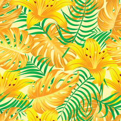 Fototapeta premium Floral seamless pattern with leaves. tropical background 