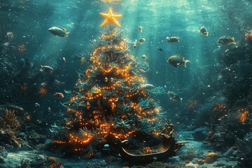 Underwater Christmas tree with marine life, coral reef and sunlight in ocean
