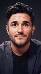 Obraz premium A cartoon image of a light-skinned man, with well-groomed short dark hair, a full, well-groomed beard, and expressive eyes that complement his wide, friendly smile