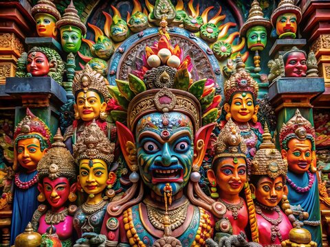 Vibrant colors depict an ornate shrine dedicated to ancient deities, featuring intricately carved masks, mythical