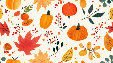 A festive autumn illustration featuring pumpkins, colorful leaves, and berries scattered on a light background, representing the fall season