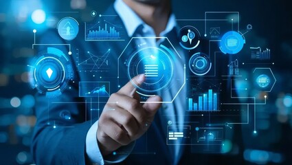 Businessman Analyzing Futuristic Data Dashboard