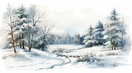Watercolor painting empty panoramic winter background with copy space