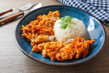 Fried Chicken and rice, , fried chicken , crispy fried chicken ,thai called khao kai tod 