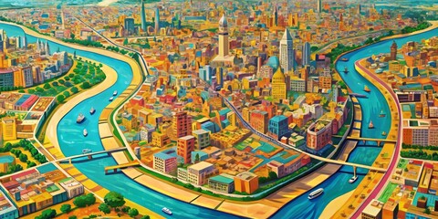 Vibrant digital illustration of Cairo's city map, showcasing intricate streets, landmarks, and Nile River, with bright