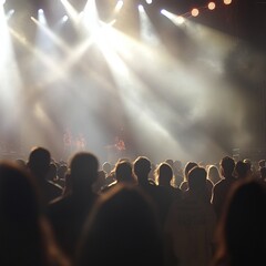 Público disfrutando de un concierto en vivo con luces brillantes iluminando el escenario, ambiente...