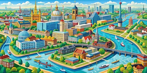 Vibrant digital illustration of Germany's urban landscape, showcasing intricate streets, rivers, and iconic landmarks