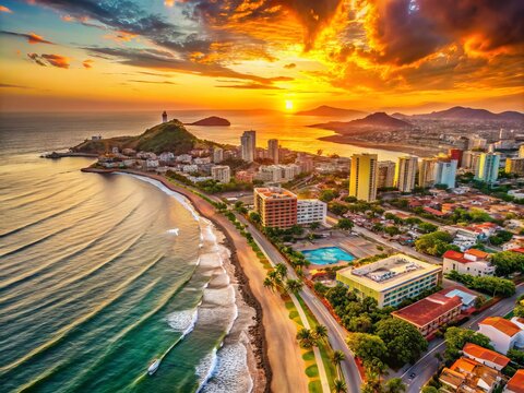 Vibrant digital illustration of Mazatl&aacute;n, Sinaloa, Mexico's city map, highlighting historic center, beaches, and scenic