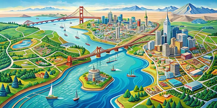 Vibrant digital illustration of San Francisco Bay Area map, featuring intricate waterways, major highways, and notable