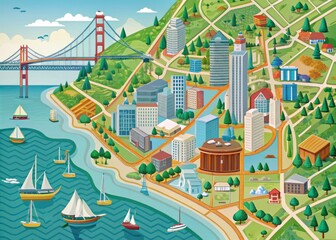 Vibrant digital illustration of the San Francisco Bay Area map showcasing city streets, highways, and landmarks in a