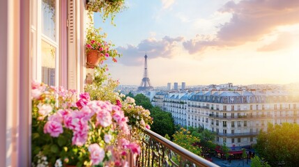 A pink Parisian balcony adorned with flowers, offering a stunning view of the city at dusk.