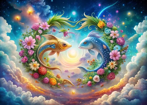 Vibrant, dreamy illustration of Pisces and Taurus zodiac signs intertwined, surrounded by soft, swirling clouds and