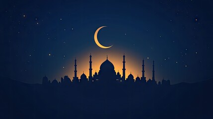 Crescent moon and mosque silhouette on a dark blue background, perfect for Ramadan and Eid-themed visuals,