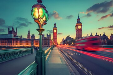 Obraz premium Beautiful cityscape of London with Big Ben tower and a red double decker bus on the streets