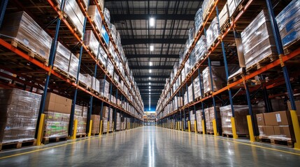 Fototapeta premium Vast and Organized Warehouse Interior with Rows of Shelves