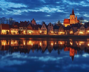 Fototapeta premium Beautiful view of a representational landscape in the style of G. Night scene of the old city