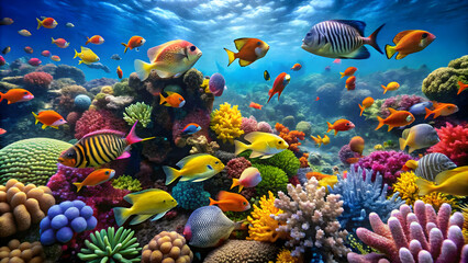Naklejka premium An underwater coral reef with schools of colorful fish.