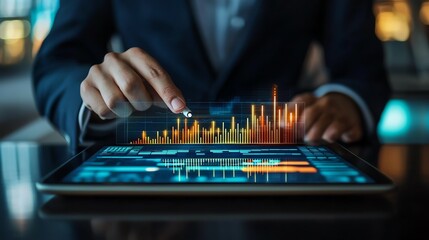 Businessperson presenting data on a tablet while negotiating a financial contract, tech-assisted negotiation, digital presentation in negotiations