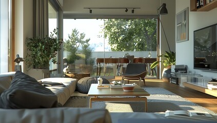 Fototapeta premium Minimalist Style Modern Living Room Interior with Comfortable Furniture, a Serene Space for Relaxation