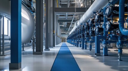 Obraz premium Futuristic Industrial Corridor with Blue Pipes and Machinery