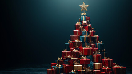 christmas tree made of colorful presents on dark background