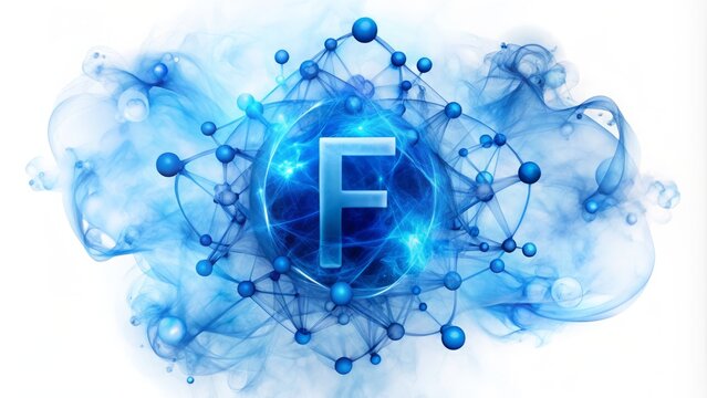 Vibrant fluorine element symbol "F" in bold blue font on a white background, surrounded by subtle atomic structure