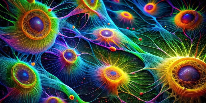 Vibrant fluorescent microscopic image of microfilaments, thin thread-like structures essential for cell division,