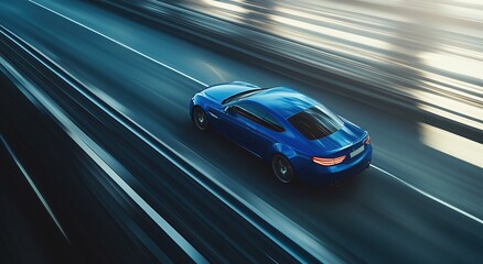 Naklejka premium Blue car driving on highway, motion blur, low angle view, daylight