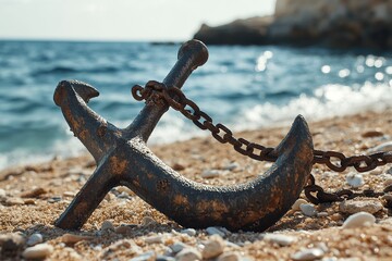 An old anchor with its chain is on the beach, it sits in sand and there is sea behind it