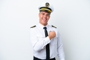 Airplane pilot caucasian man isolated on white background celebrating a victory
