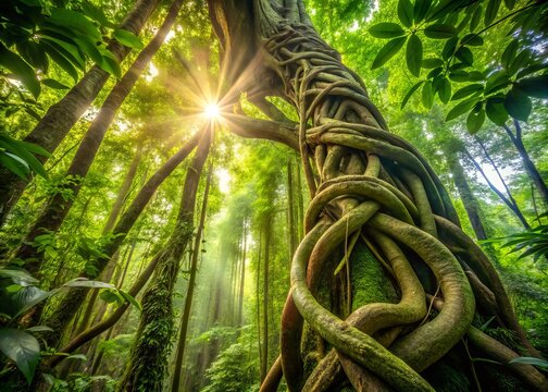 Vibrant green Banisteriopsis caapi vines entwine ancient Amazonian rainforest trees, showcasing the sacred ayahuasca
