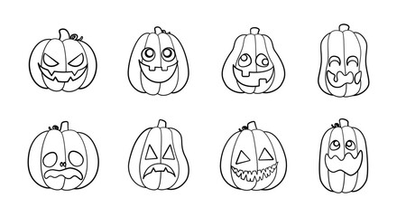 Jack O Lantern Outline Line Art Set. Cute Halloween Pumpkin Fall Autumn Doodle. Easy Coloring Book Page Activity For Kids.