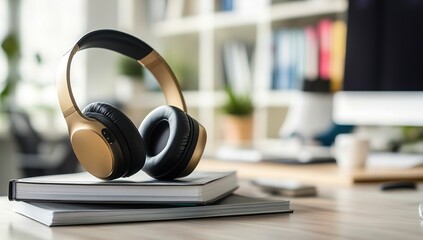 Black and gold over- headphones on top of books, with a blurred background of an office setting