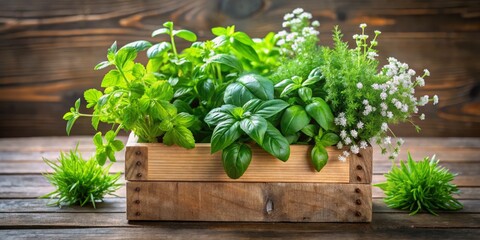 Vibrant green herbs including basil, mint, and parsley erupt from a rustic wooden planter, surrounded by tiny white