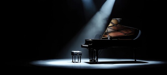 black background with spotlight on piano