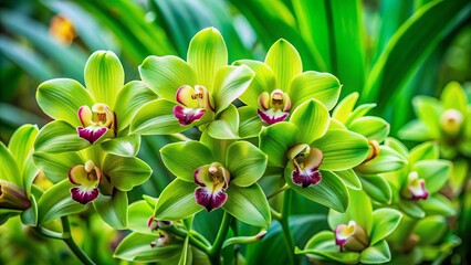 Obraz premium Vibrant green orchid blooms amidst lush foliage, delicate petals unfolding like tiny umbrellas, radiating elegance and