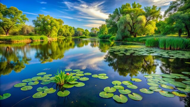Vibrant green lily pads adorn the serene surface of a tranquil Kansas pond, surrounded by lush vegetation and
